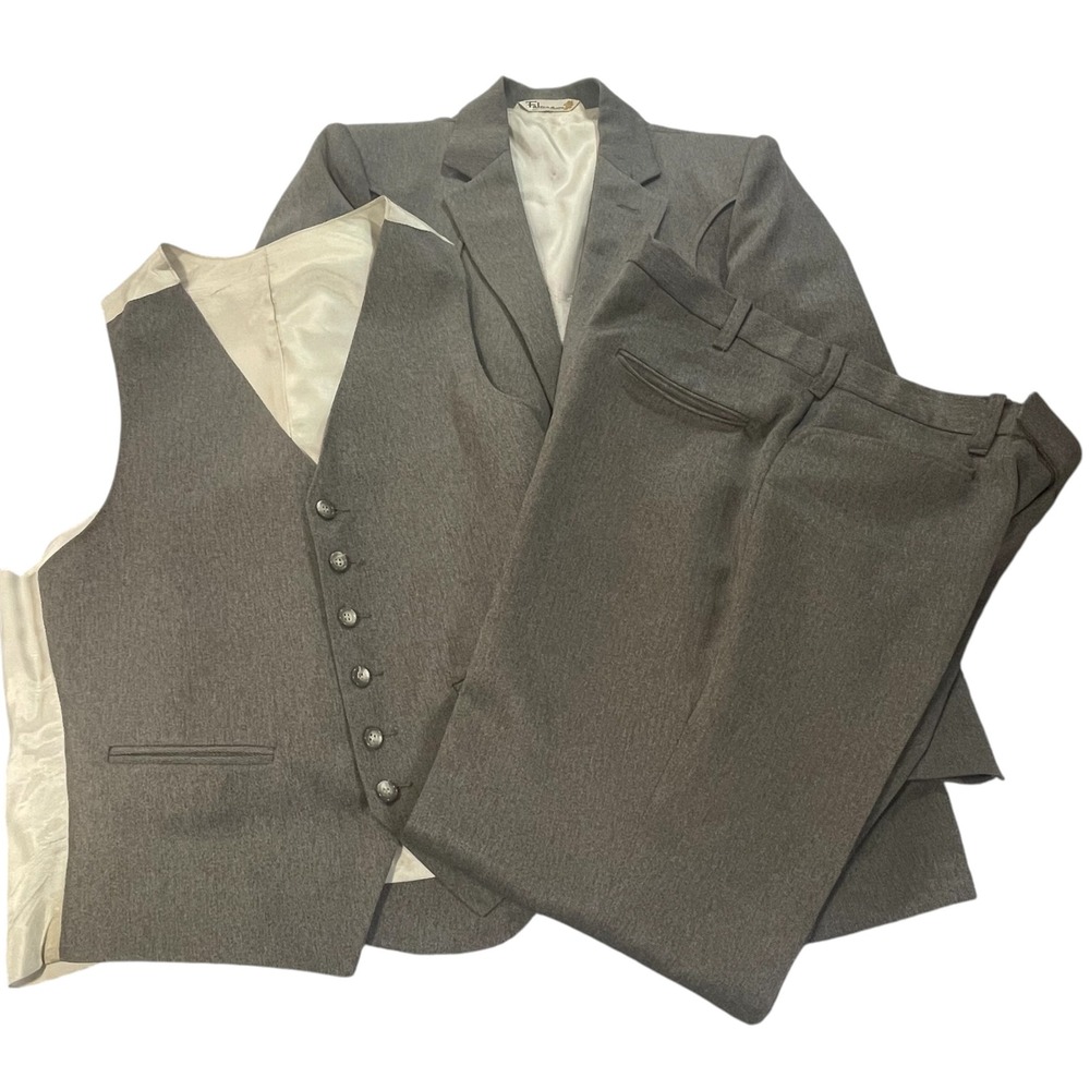 Vintage Falcone Western 3 Piece Suit Gray Union Made Blazer Vest Pants 40R 34x30